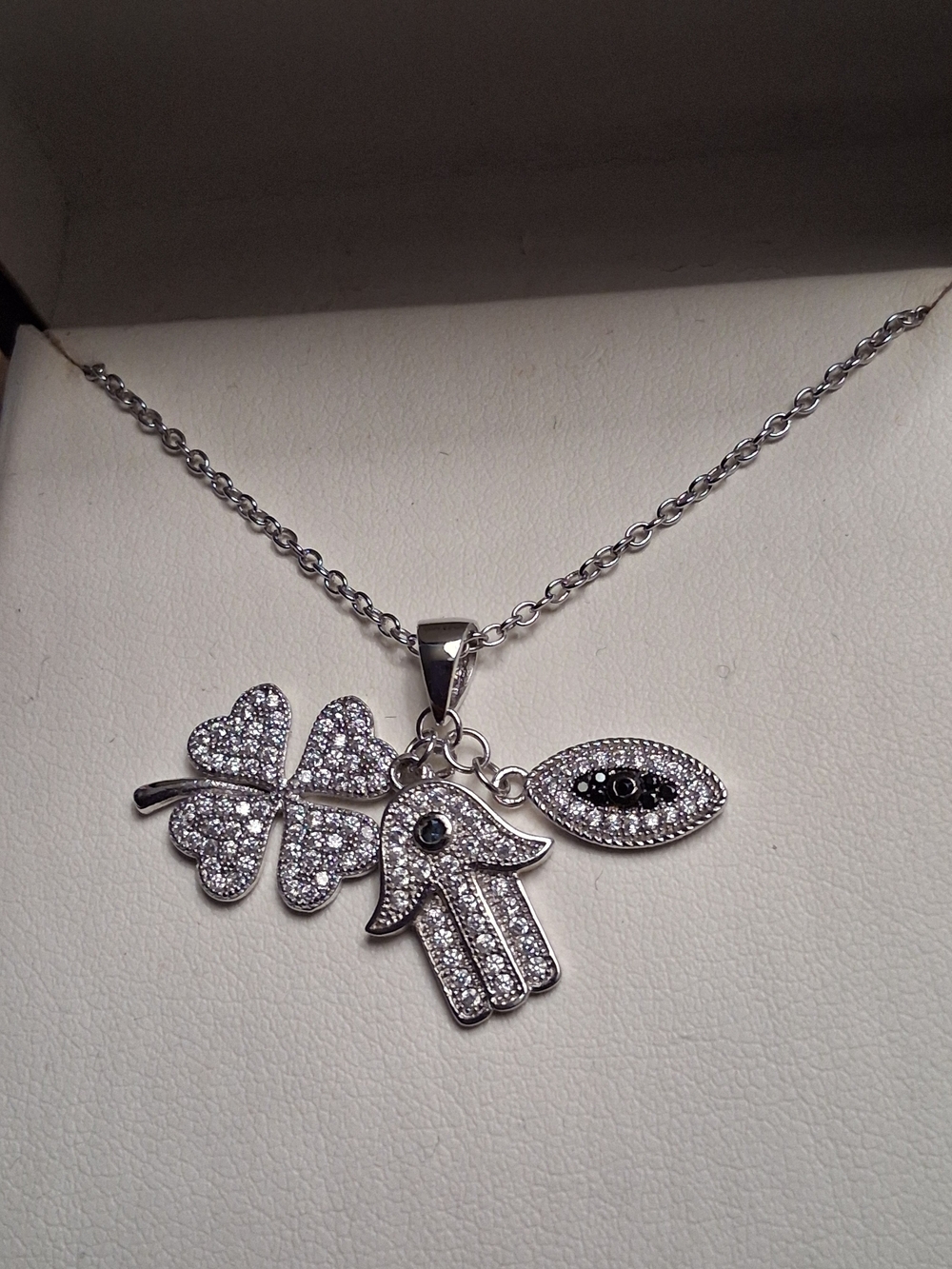 Rare Sterling Silver Hamsa and Evil Eye Crystal Pendant Necklace - Silver